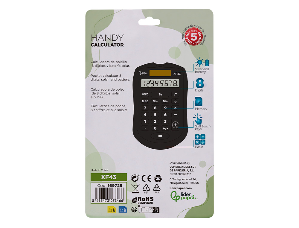 CALCULADORA LIDERPAPEL BOLSILLO XF43 8 DIGITOS SOLAR Y PILAS COLOR NEGRO 94X59,5X10,5MM