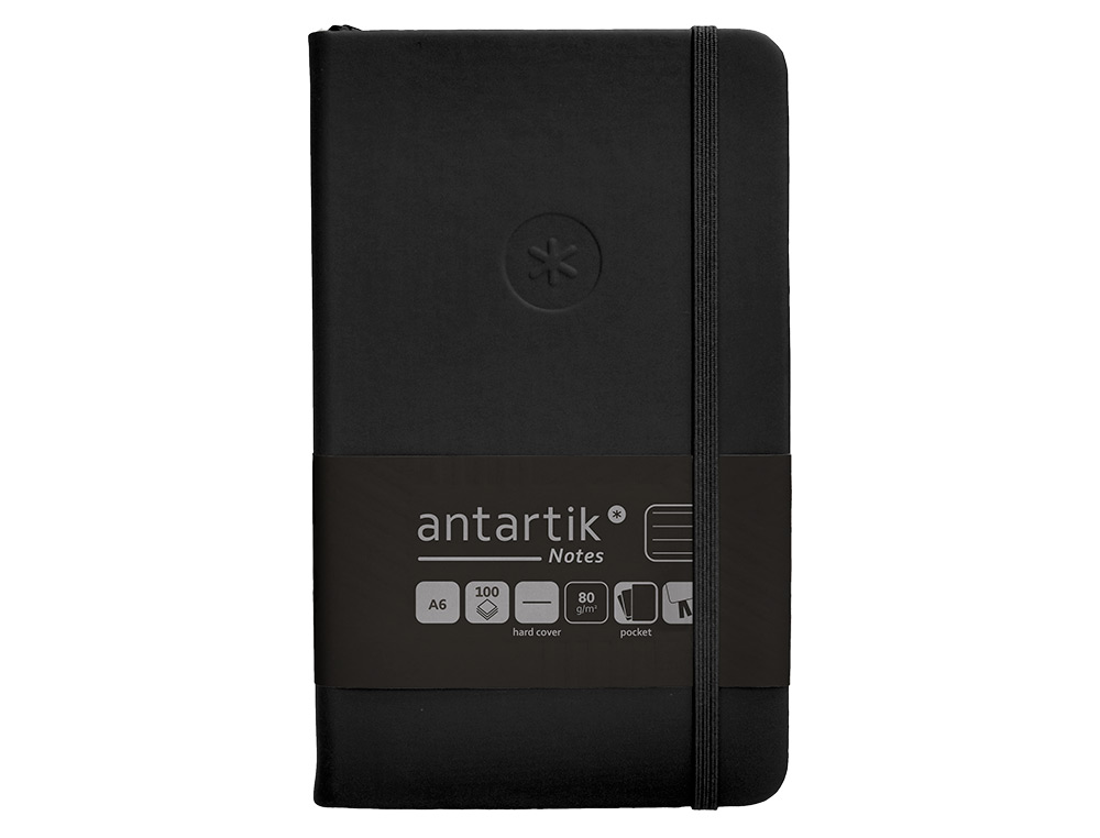 CUADERNO CON GOMILLA ANTARTIK NOTES TAPA DURA A6 HOJAS RAYAS NEGRO 100 HOJAS 80 GR FSC