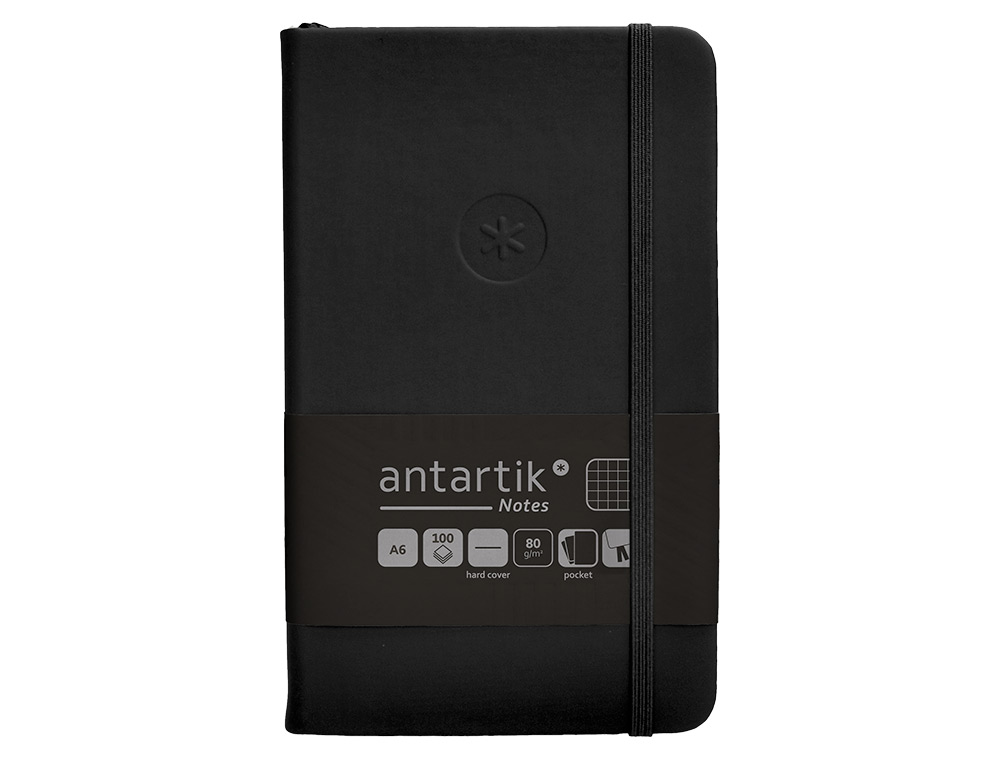 CUADERNO CON GOMILLA ANTARTIK NOTES TAPA DURA A6 HOJAS CUADRICULA NEGRO 100 HOJAS 80 GR FSC