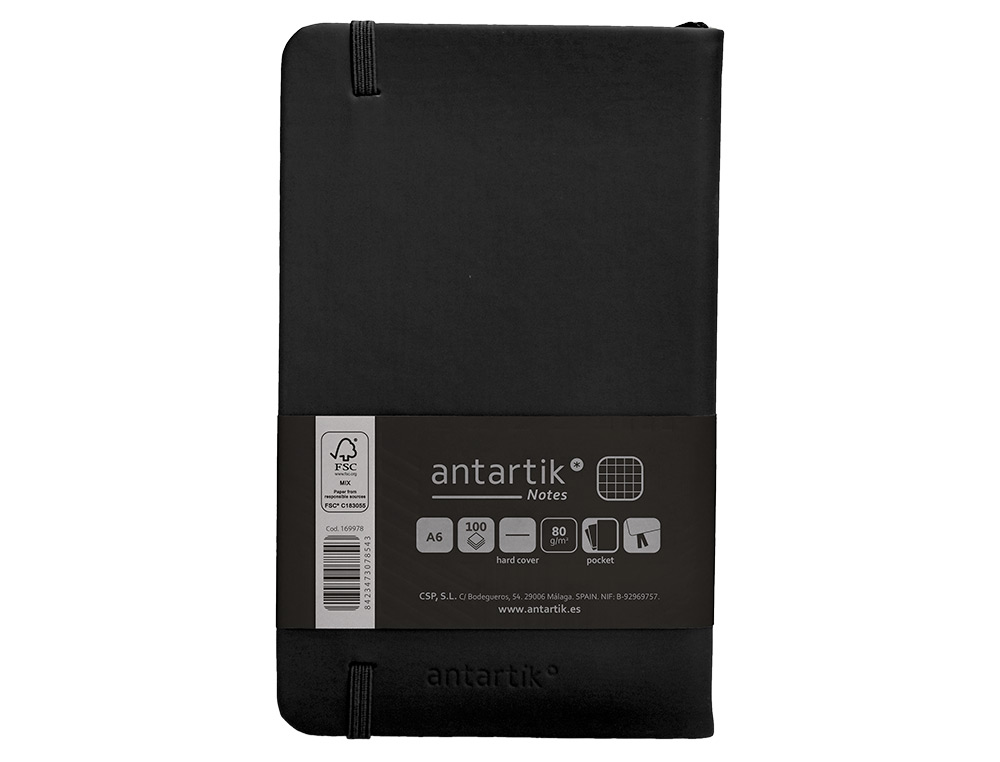 CUADERNO CON GOMILLA ANTARTIK NOTES TAPA DURA A6 HOJAS CUADRICULA NEGRO 100 HOJAS 80 GR FSC