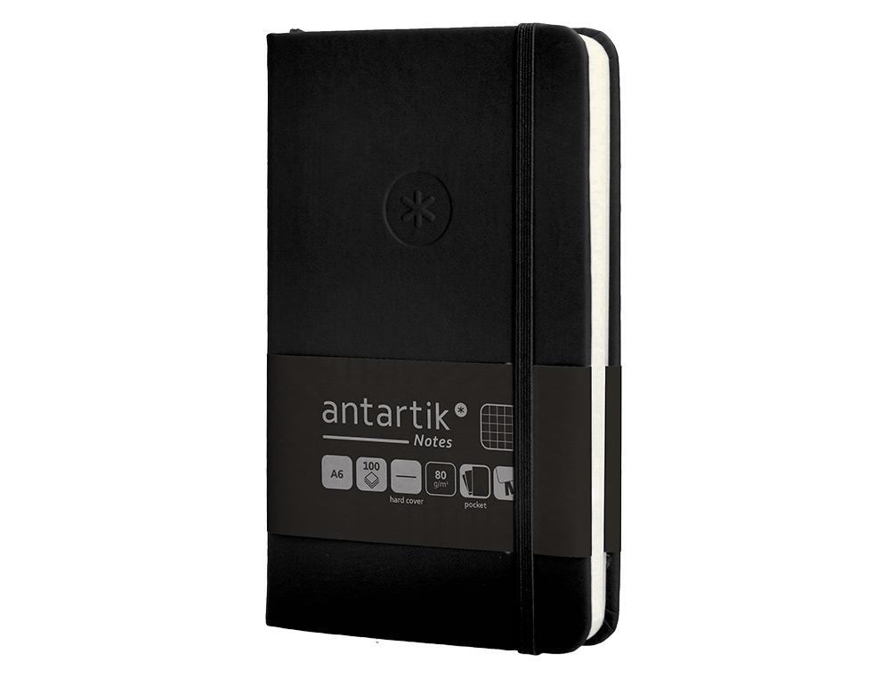 CUADERNO CON GOMILLA ANTARTIK NOTES TAPA DURA A6 HOJAS CUADRICULA NEGRO 100 HOJAS 80 GR FSC