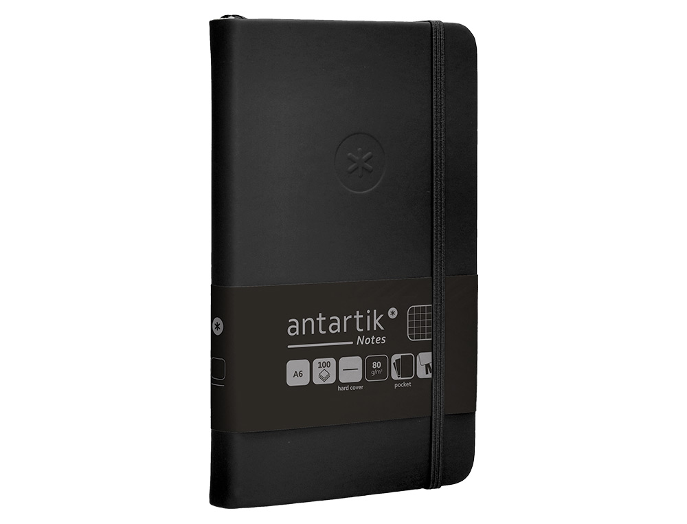 CUADERNO CON GOMILLA ANTARTIK NOTES TAPA DURA A6 HOJAS CUADRICULA NEGRO 100 HOJAS 80 GR FSC