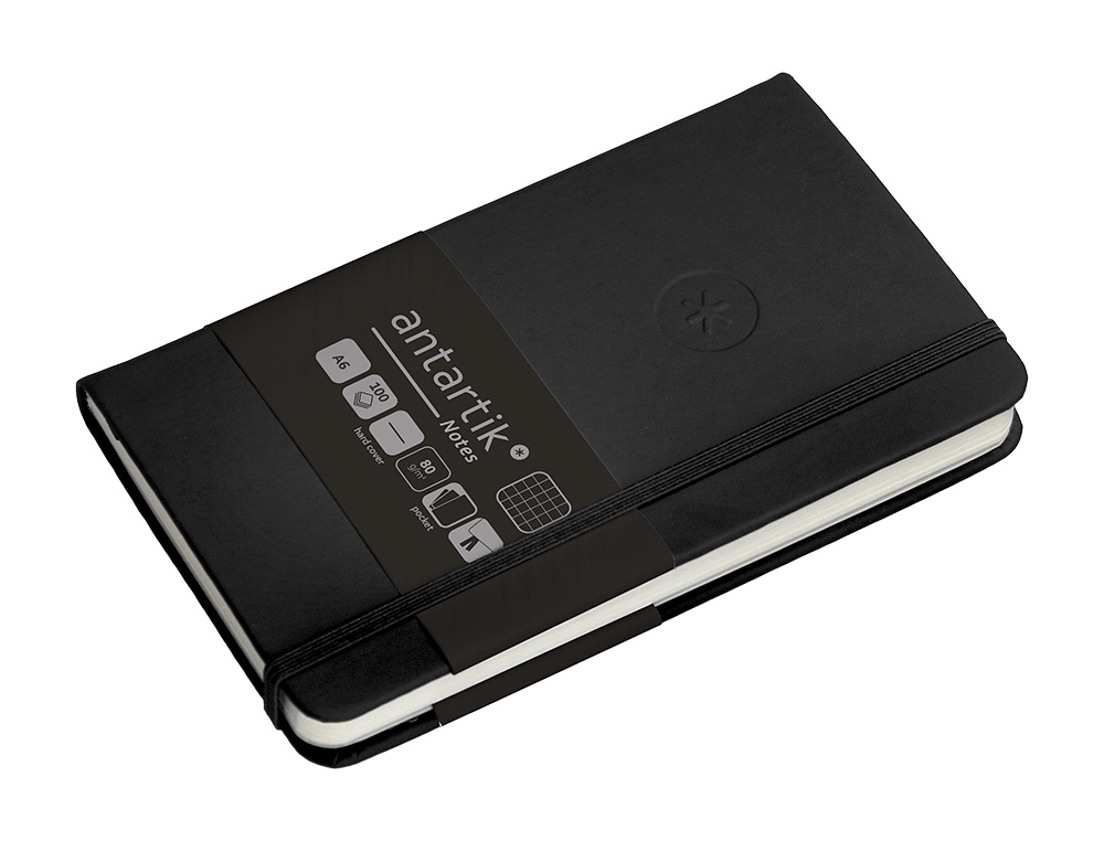 CUADERNO CON GOMILLA ANTARTIK NOTES TAPA DURA A6 HOJAS CUADRICULA NEGRO 100 HOJAS 80 GR FSC