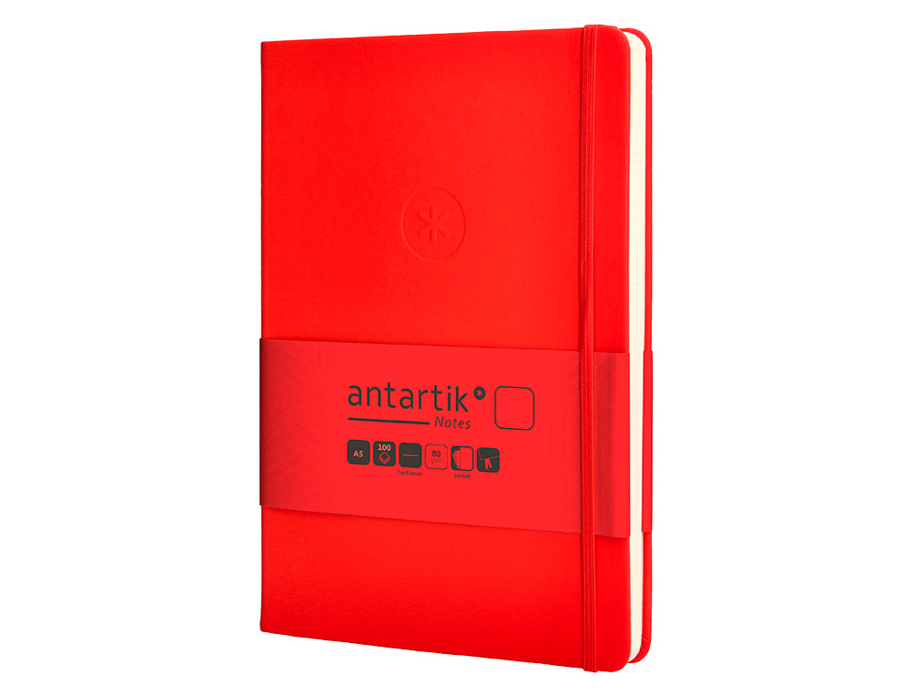 CUADERNO CON GOMILLA ANTARTIK NOTES TAPA DURA A5 HOJAS LISAS ROJO 100 HOJAS 80 GR FSC