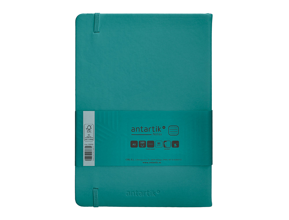 CUADERNO CON GOMILLA ANTARTIK NOTES TAPA DURA A5 HOJAS RAYAS VERDE AGUAMARINA 100 HOJAS 80 GR FSC
