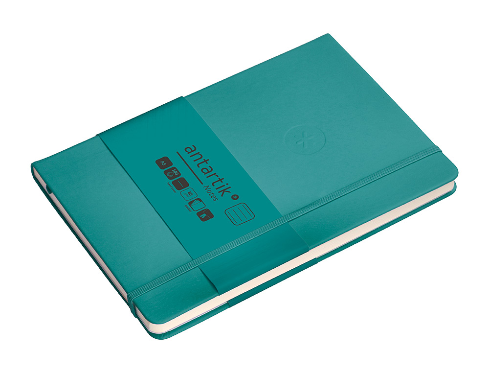 CUADERNO CON GOMILLA ANTARTIK NOTES TAPA DURA A5 HOJAS RAYAS VERDE AGUAMARINA 100 HOJAS 80 GR FSC