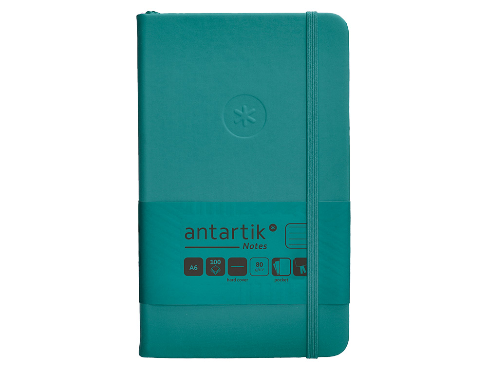 CUADERNO CON GOMILLA ANTARTIK NOTES TAPA DURA A6 HOJAS RAYAS VERDE AGUAMARINA 100 HOJAS 80 GR FSC
