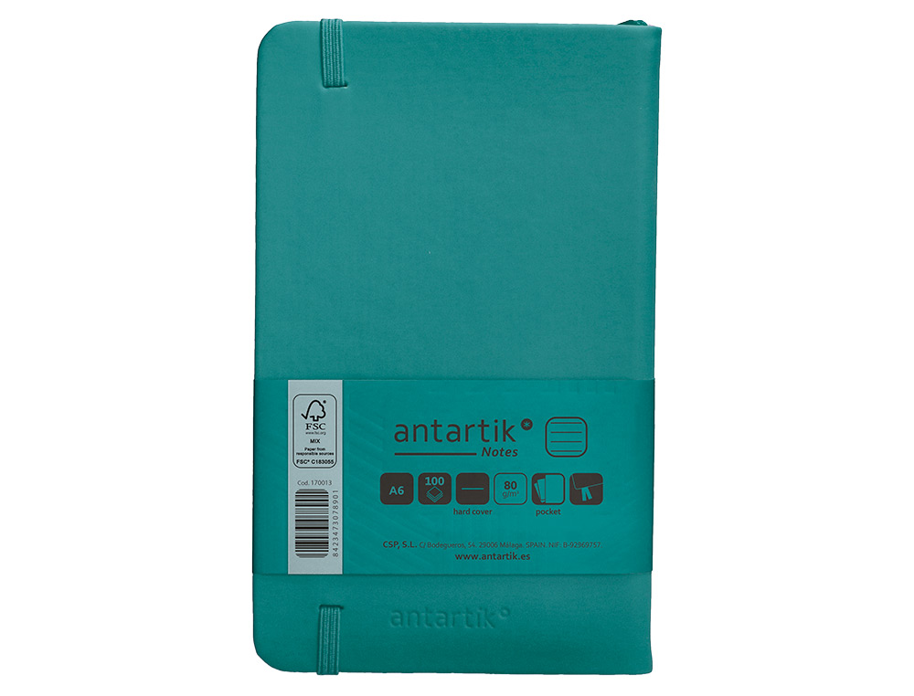 CUADERNO CON GOMILLA ANTARTIK NOTES TAPA DURA A6 HOJAS RAYAS VERDE AGUAMARINA 100 HOJAS 80 GR FSC