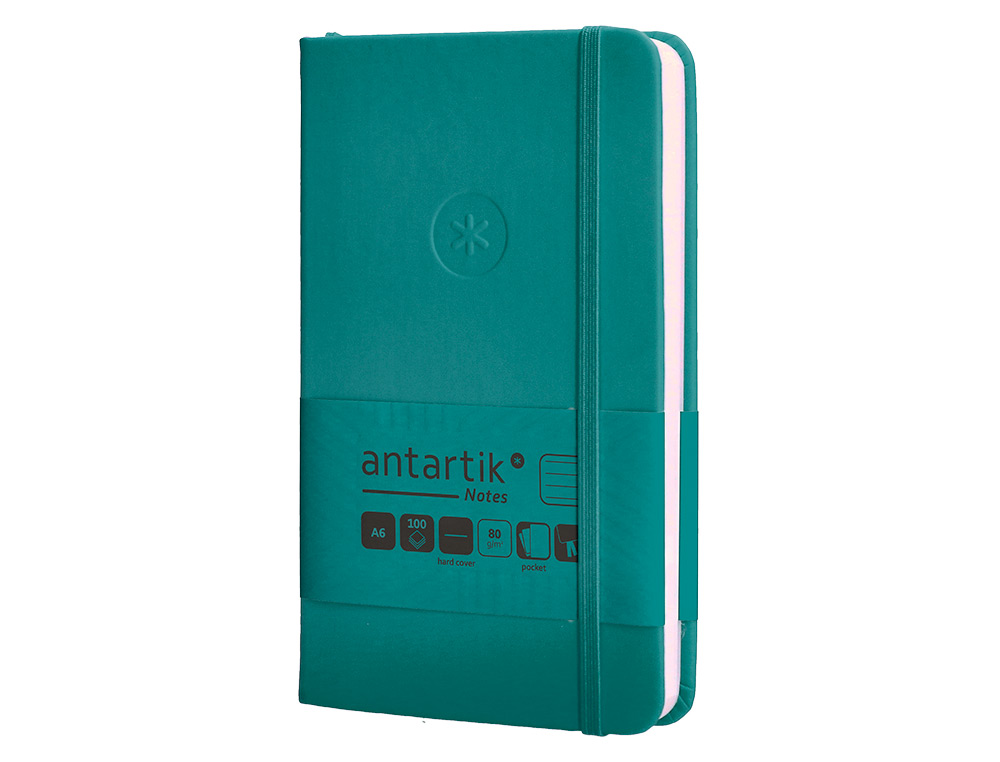 CUADERNO CON GOMILLA ANTARTIK NOTES TAPA DURA A6 HOJAS RAYAS VERDE AGUAMARINA 100 HOJAS 80 GR FSC
