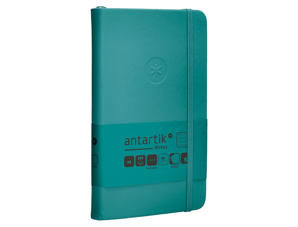CUADERNO CON GOMILLA ANTARTIK NOTES TAPA DURA A6 HOJAS RAYAS VERDE AGUAMARINA 100 HOJAS 80 GR FSC