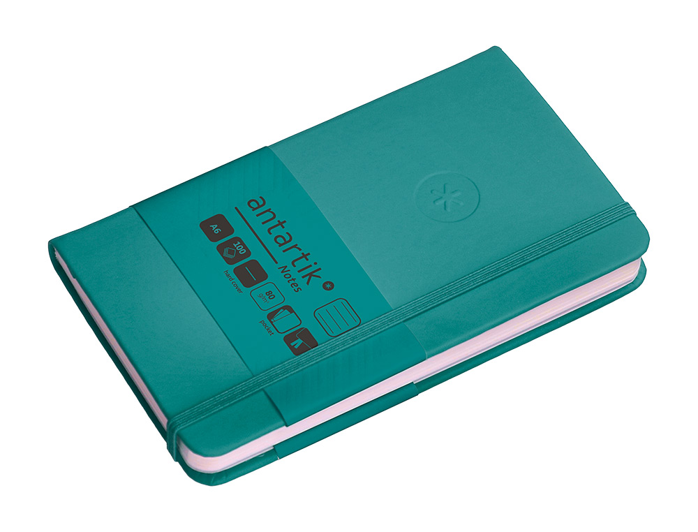 CUADERNO CON GOMILLA ANTARTIK NOTES TAPA DURA A6 HOJAS RAYAS VERDE AGUAMARINA 100 HOJAS 80 GR FSC