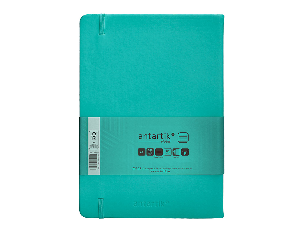 CUADERNO CON GOMILLA ANTARTIK NOTES TAPA DURA A5 HOJAS RAYAS TURQUESA 100 HOJAS 80 GR FSC
