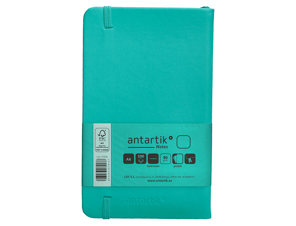 CUADERNO CON GOMILLA ANTARTIK NOTES TAPA DURA A6 HOJAS LISAS TURQUESA 100 HOJAS 80 GR FSC