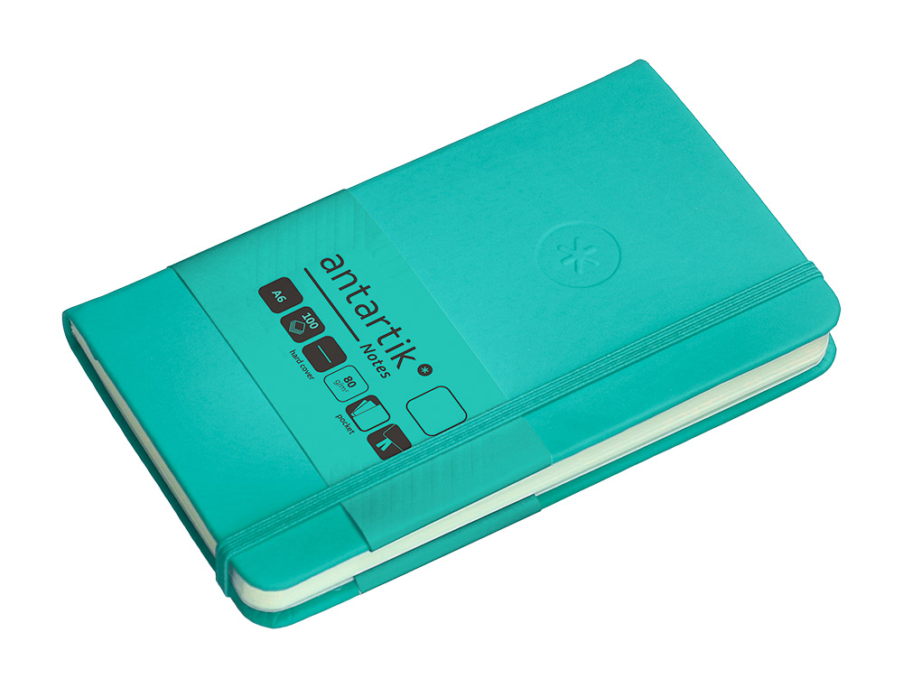 CUADERNO CON GOMILLA ANTARTIK NOTES TAPA DURA A6 HOJAS LISAS TURQUESA 100 HOJAS 80 GR FSC