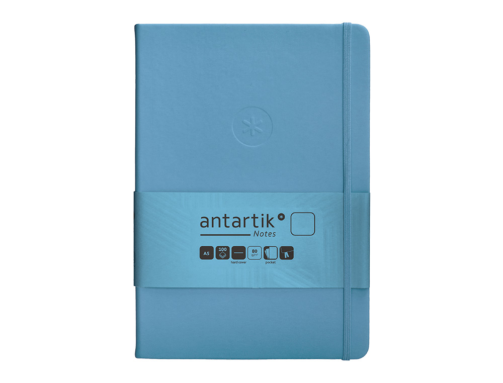 CUADERNO CON GOMILLA ANTARTIK NOTES TAPA DURA A5 HOJAS LISAS AZUL CLARO 100 HOJAS 80 GR FSC