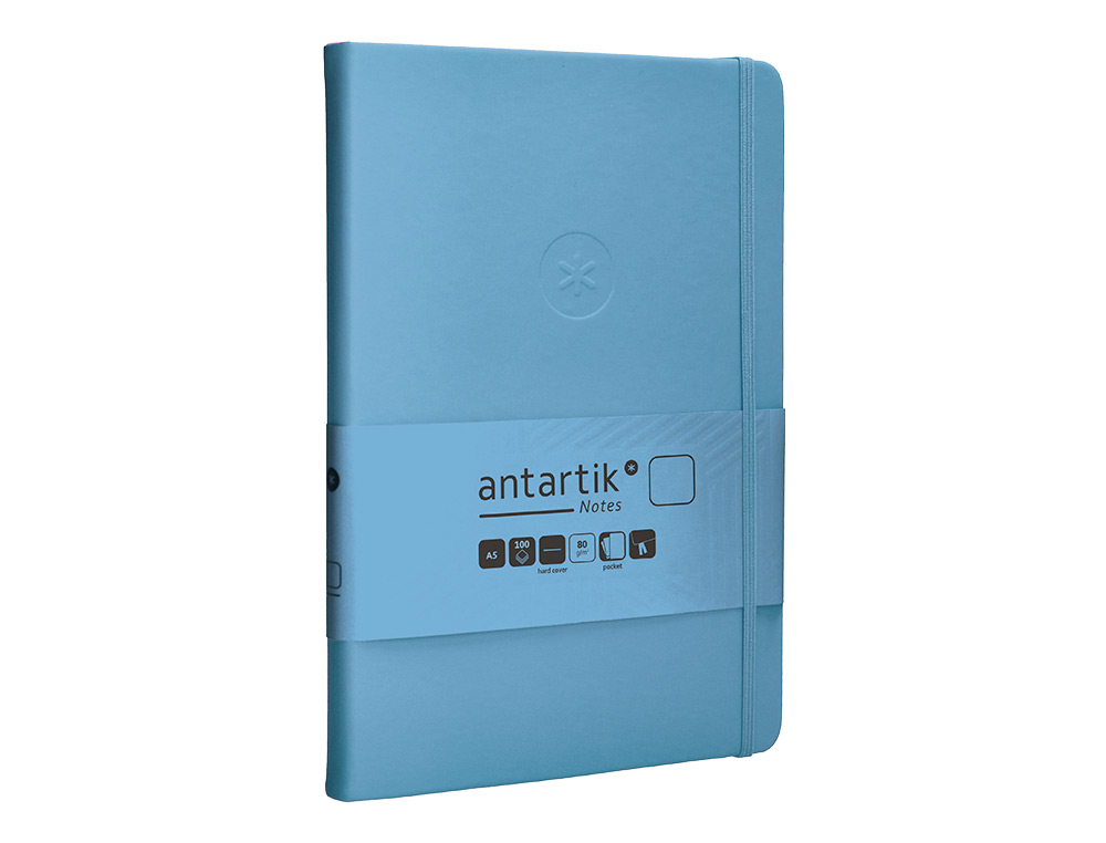 CUADERNO CON GOMILLA ANTARTIK NOTES TAPA DURA A5 HOJAS LISAS AZUL CLARO 100 HOJAS 80 GR FSC