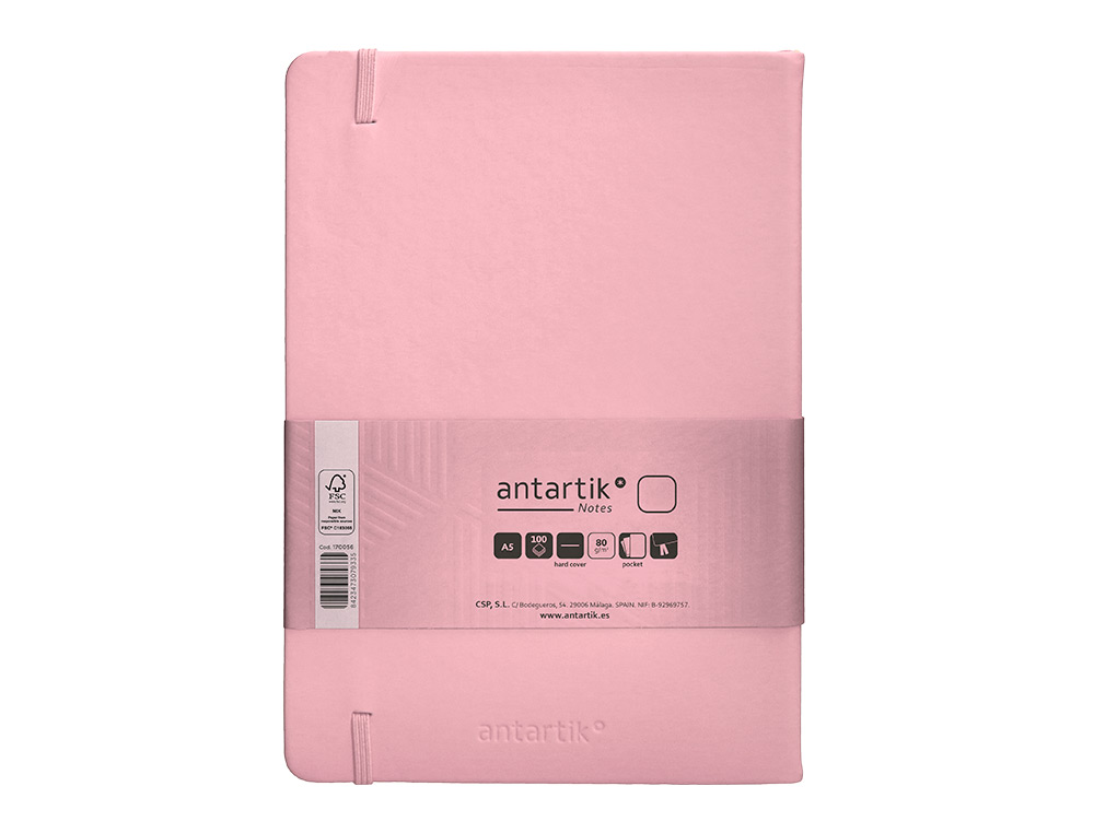 CUADERNO CON GOMILLA ANTARTIK NOTES TAPA DURA A5 HOJAS LISAS ROSA PASTEL 100 HOJAS 80 GR FSC
