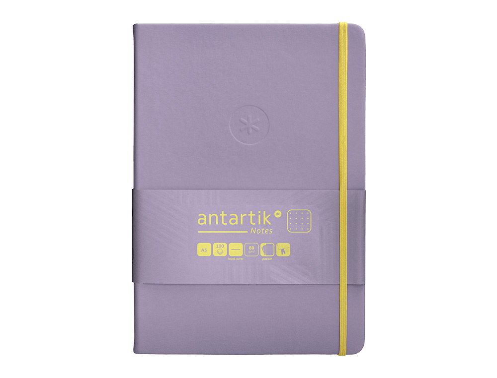 CUADERNO CON GOMILLA ANTARTIK NOTES TAPA DURA A5 HOJAS PUNTOS MORADO Y AMARILLO 100 HOJAS 80 GR FSC