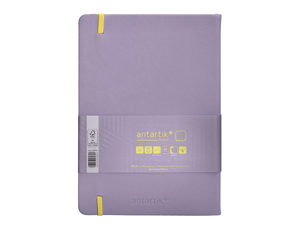 CUADERNO CON GOMILLA ANTARTIK NOTES TAPA DURA A5 HOJAS PUNTOS MORADO Y AMARILLO 100 HOJAS 80 GR FSC