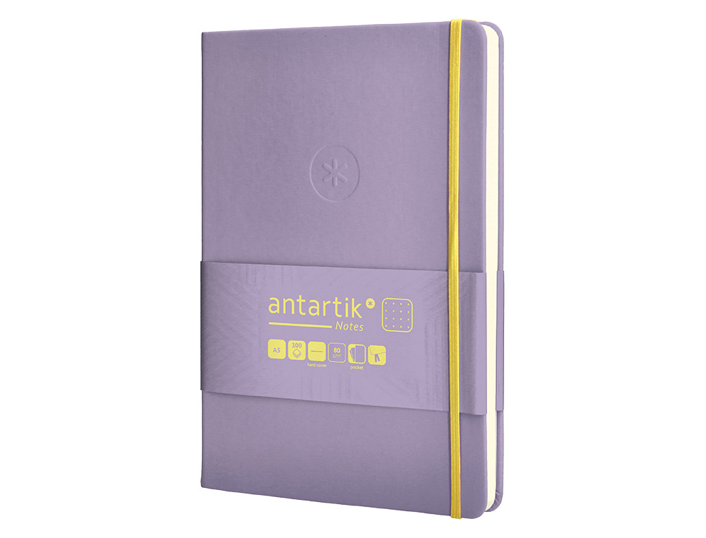 CUADERNO CON GOMILLA ANTARTIK NOTES TAPA DURA A5 HOJAS PUNTOS MORADO Y AMARILLO 100 HOJAS 80 GR FSC