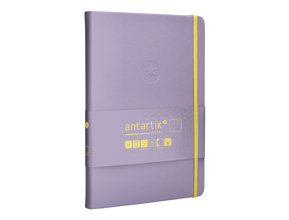 CUADERNO CON GOMILLA ANTARTIK NOTES TAPA DURA A5 HOJAS PUNTOS MORADO Y AMARILLO 100 HOJAS 80 GR FSC