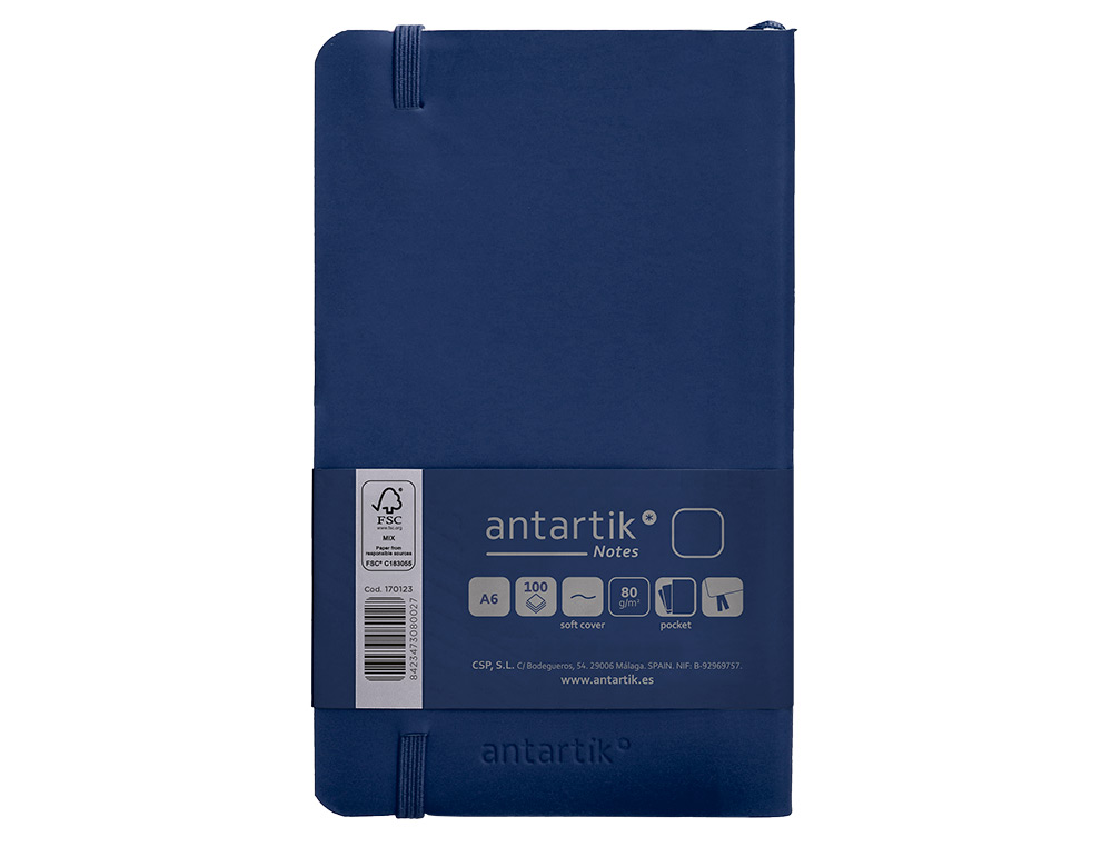 CUADERNO CON GOMILLA ANTARTIK NOTES TAPA BLANDA A6 HOJAS LISAS AZUL MARINO 100 HOJAS 80 GR FSC