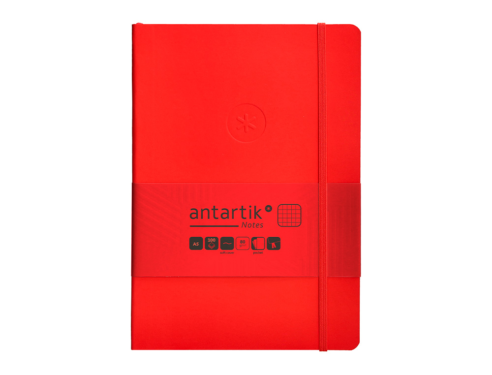 CUADERNO CON GOMILLA ANTARTIK NOTES TAPA BLANDA A5 HOJAS CUADRICULA ROJO 80 HOJAS 80 GR FSC