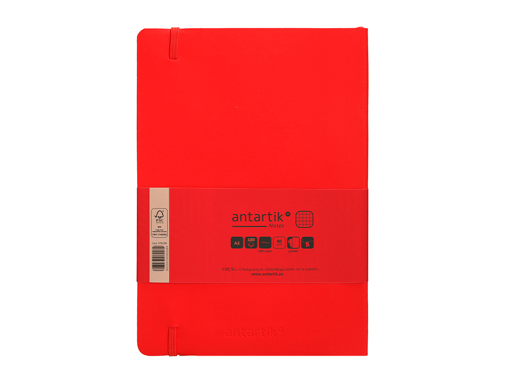 CUADERNO CON GOMILLA ANTARTIK NOTES TAPA BLANDA A5 HOJAS CUADRICULA ROJO 80 HOJAS 80 GR FSC