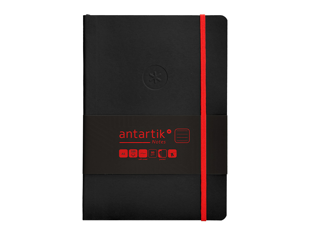 CUADERNO CON GOMILLA ANTARTIK NOTES TAPA BLANDA A5 HOJAS RAYAS NEGRO Y ROJO 80 HOJAS 80 GR FSC