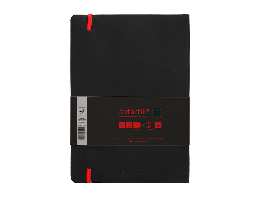 CUADERNO CON GOMILLA ANTARTIK NOTES TAPA BLANDA A5 HOJAS RAYAS NEGRO Y ROJO 80 HOJAS 80 GR FSC
