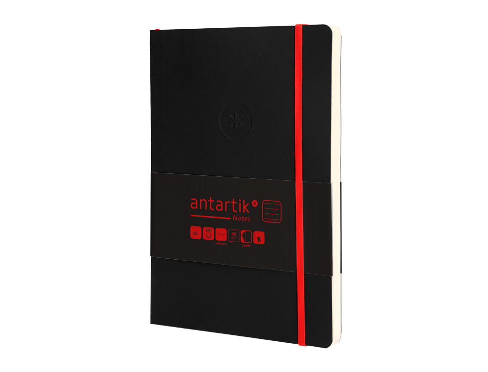 CUADERNO CON GOMILLA ANTARTIK NOTES TAPA BLANDA A5 HOJAS RAYAS NEGRO Y ROJO 80 HOJAS 80 GR FSC