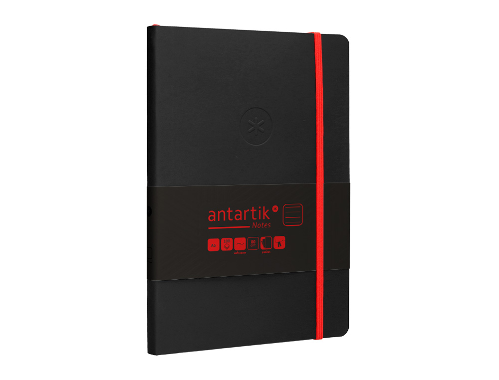 CUADERNO CON GOMILLA ANTARTIK NOTES TAPA BLANDA A5 HOJAS RAYAS NEGRO Y ROJO 80 HOJAS 80 GR FSC
