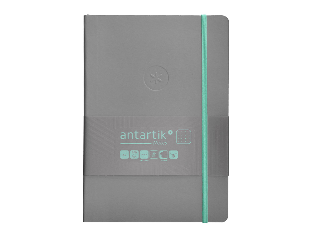 CUADERNO CON GOMILLA ANTARTIK NOTES TAPA BLANDA A5 HOJAS PUNTOS GRIS Y TURQUESA 80 HOJAS 80 GR FSC
