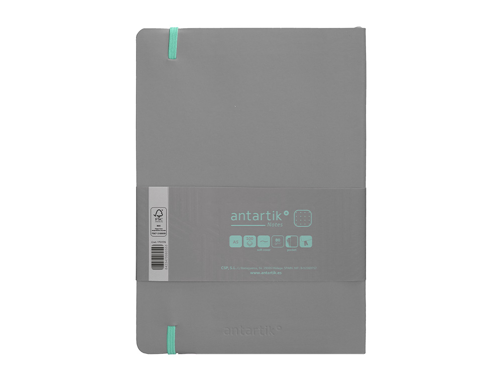 CUADERNO CON GOMILLA ANTARTIK NOTES TAPA BLANDA A5 HOJAS PUNTOS GRIS Y TURQUESA 80 HOJAS 80 GR FSC