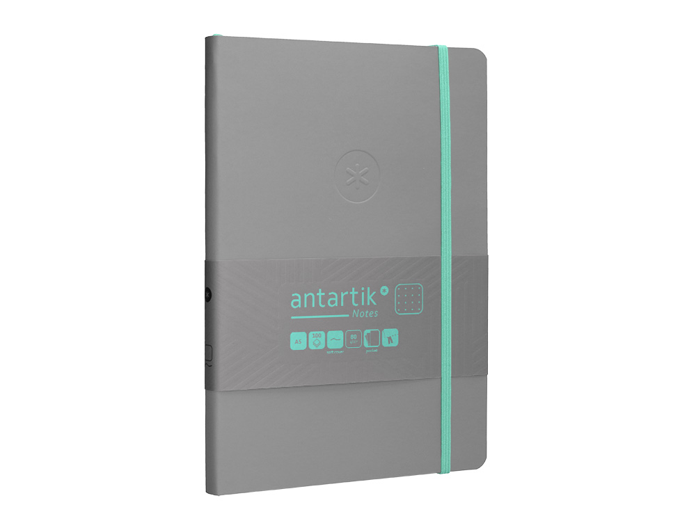 CUADERNO CON GOMILLA ANTARTIK NOTES TAPA BLANDA A5 HOJAS PUNTOS GRIS Y TURQUESA 80 HOJAS 80 GR FSC
