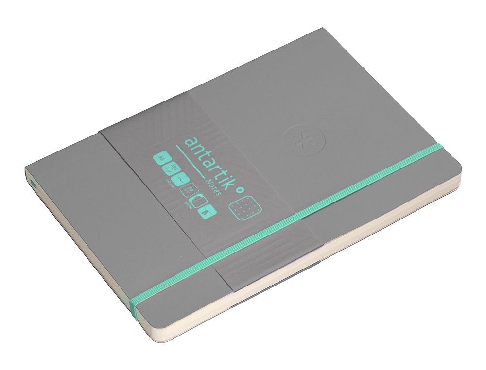 CUADERNO CON GOMILLA ANTARTIK NOTES TAPA BLANDA A5 HOJAS PUNTOS GRIS Y TURQUESA 80 HOJAS 80 GR FSC