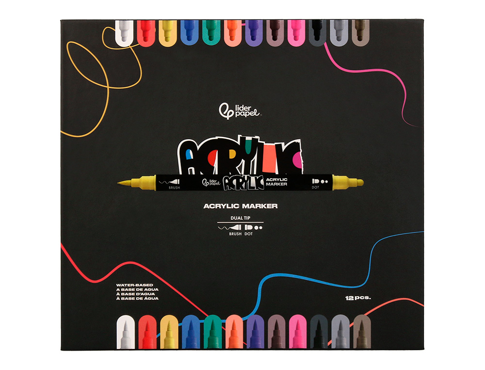 ROTULADOR LIDERPAPEL ACRYLIC BASE AGUA TODO TIPO DE SUPERFICIE DOBLE PUNTA PINCEL Y DOT CAJA DE 12 UNIDADES SURTIDAS