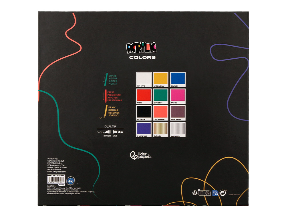 ROTULADOR LIDERPAPEL ACRYLIC BASE AGUA TODO TIPO DE SUPERFICIE DOBLE PUNTA PINCEL Y DOT CAJA DE 12 UNIDADES SURTIDAS