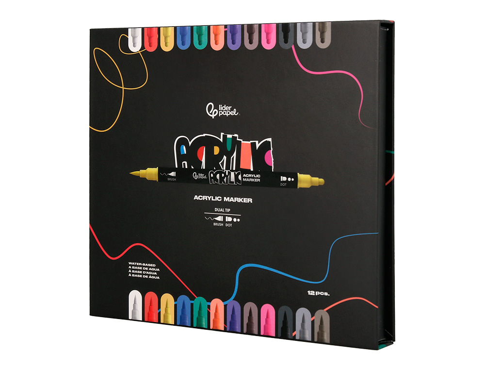 ROTULADOR LIDERPAPEL ACRYLIC BASE AGUA TODO TIPO DE SUPERFICIE DOBLE PUNTA PINCEL Y DOT CAJA DE 12 UNIDADES SURTIDAS