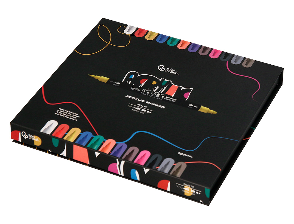 ROTULADOR LIDERPAPEL ACRYLIC BASE AGUA TODO TIPO DE SUPERFICIE DOBLE PUNTA PINCEL Y DOT CAJA DE 12 UNIDADES SURTIDAS
