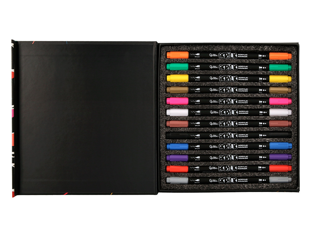 ROTULADOR LIDERPAPEL ACRYLIC BASE AGUA TODO TIPO DE SUPERFICIE DOBLE PUNTA PINCEL Y DOT CAJA DE 12 UNIDADES SURTIDAS