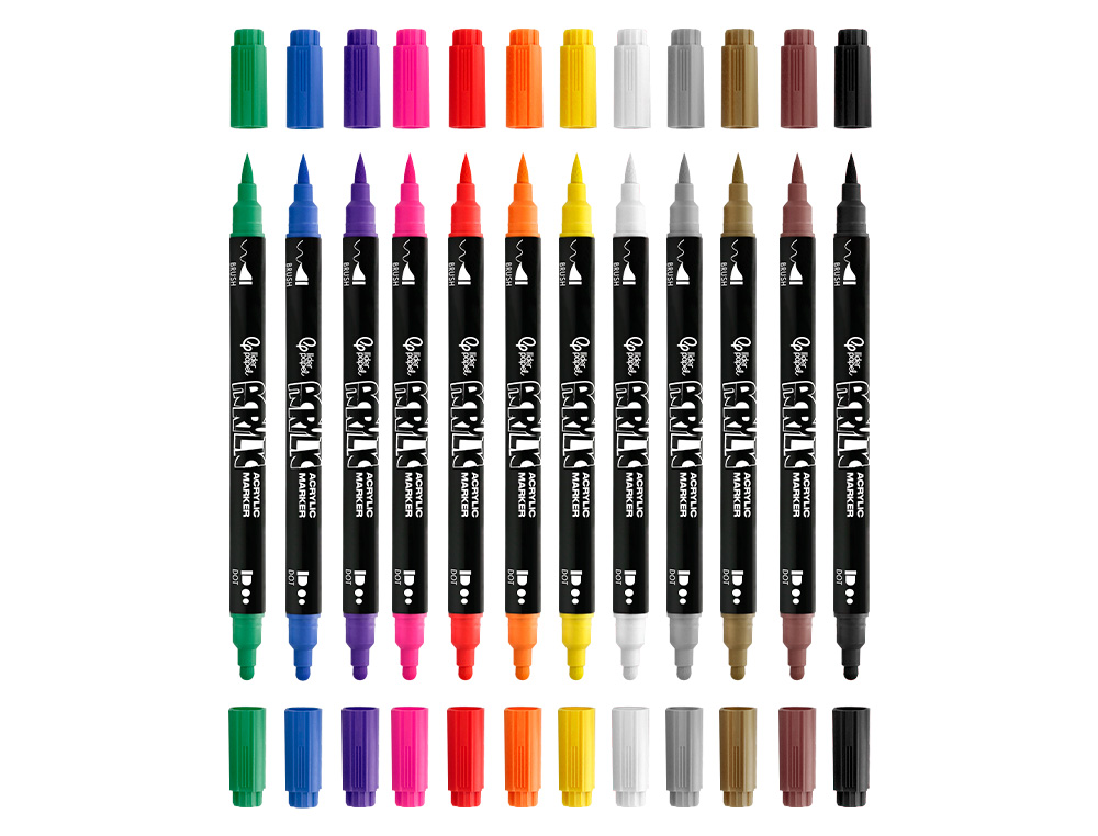 ROTULADOR LIDERPAPEL ACRYLIC BASE AGUA TODO TIPO DE SUPERFICIE DOBLE PUNTA PINCEL Y DOT CAJA DE 12 UNIDADES SURTIDAS