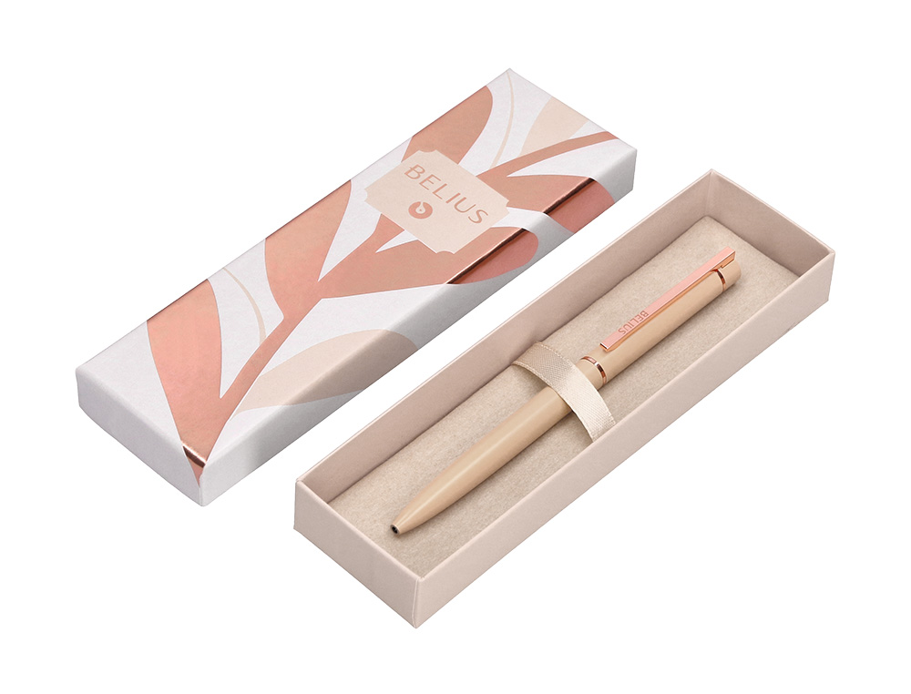 BOLIGRAFO BELIUS ROSE ALUMINIO COLOR BEIGE CLARO ORO ROSA TINTA AZUL CAJA DE DISEÑO