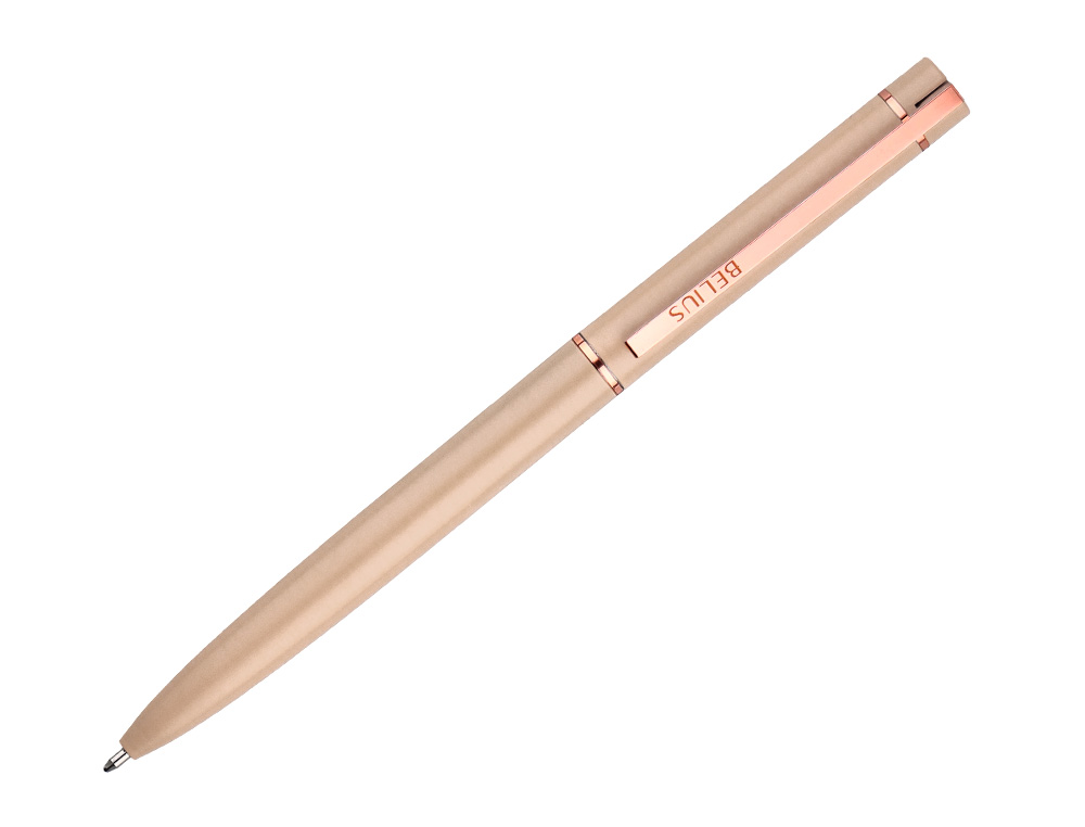 BOLIGRAFO BELIUS ROSE ALUMINIO COLOR BEIGE CLARO ORO ROSA TINTA AZUL CAJA DE DISEÑO