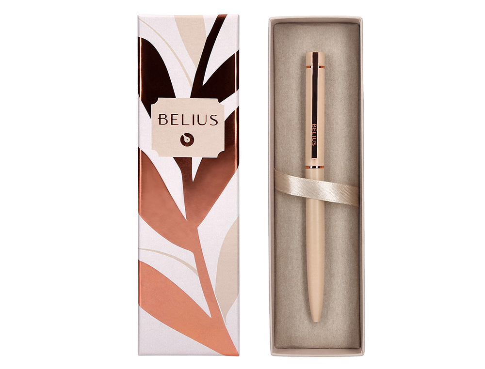 BOLIGRAFO BELIUS ROSE ALUMINIO COLOR BEIGE CLARO ORO ROSA TINTA AZUL CAJA DE DISEÑO