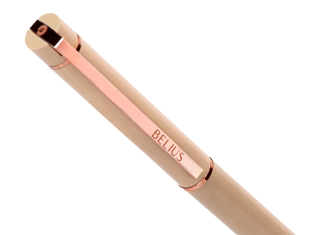 BOLIGRAFO BELIUS ROSE ALUMINIO COLOR BEIGE CLARO ORO ROSA TINTA AZUL CAJA DE DISEÑO