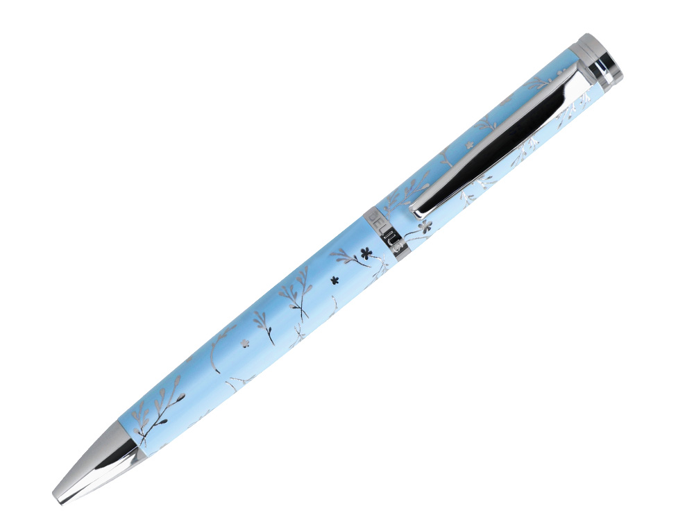 BOLIGRAFO BELIUS BELLA ALUMINIO COLOR AZUL CELESTE DISEO PLATEADO RELIEVE TINTA AZUL CAJA DE DISEO