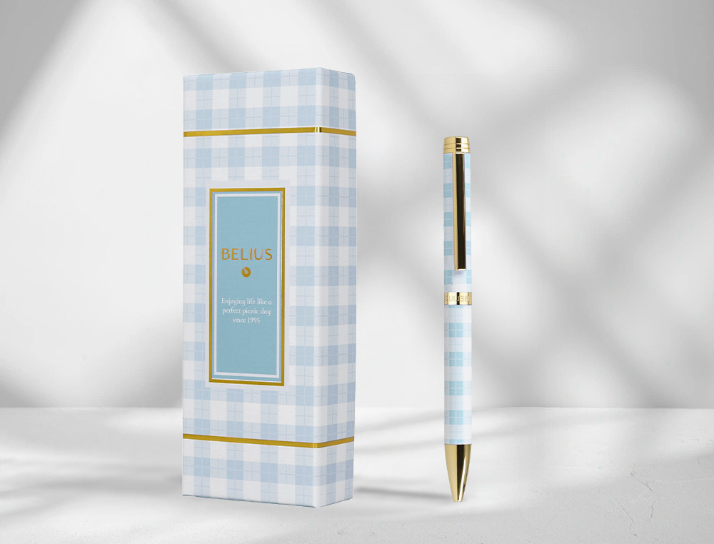 BOLIGRAFO BELIUS PERFECT PICNIC DAY ALUMINIO COLOR AZUL CELESTE DORADO TINTA AZULCAJA DE DISEO