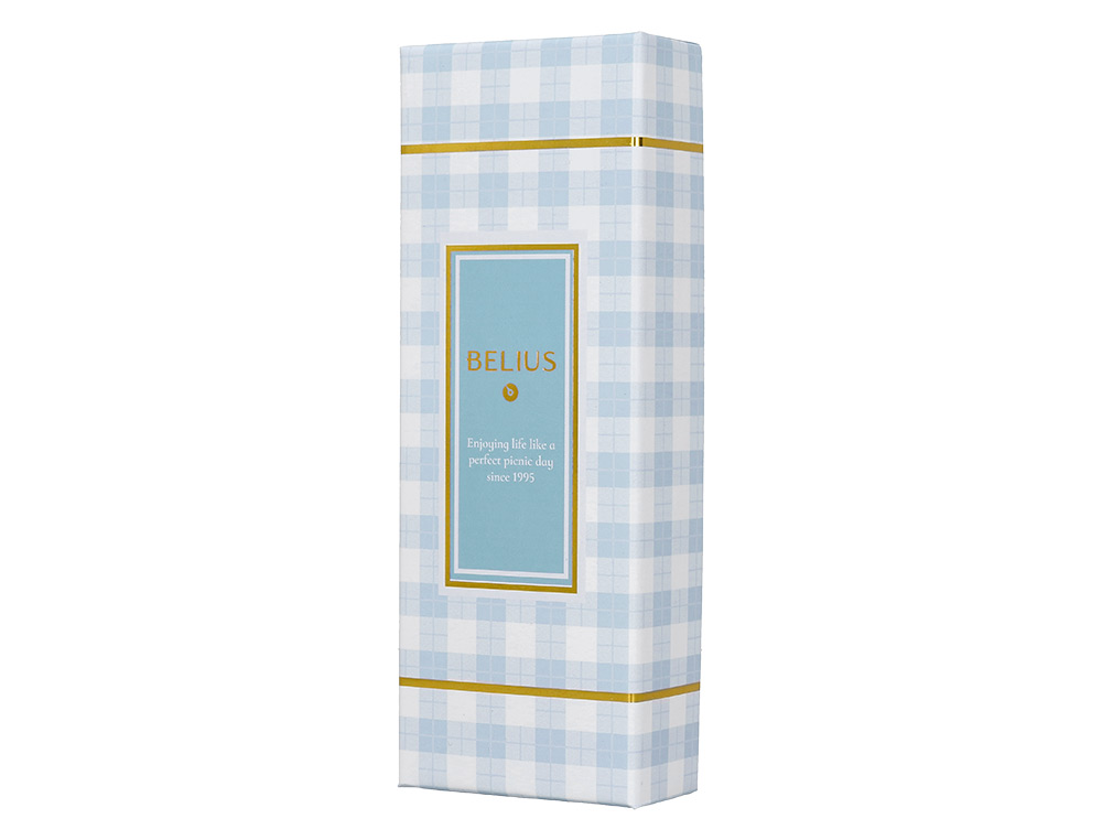 BOLIGRAFO BELIUS PERFECT PICNIC DAY ALUMINIO COLOR AZUL CELESTE DORADO TINTA AZULCAJA DE DISEO