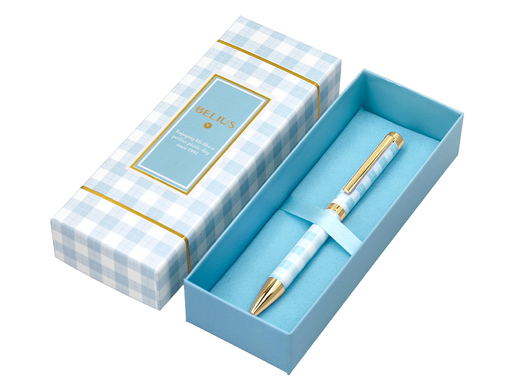 BOLIGRAFO BELIUS PERFECT PICNIC DAY ALUMINIO COLOR AZUL CELESTE DORADO TINTA AZULCAJA DE DISEO